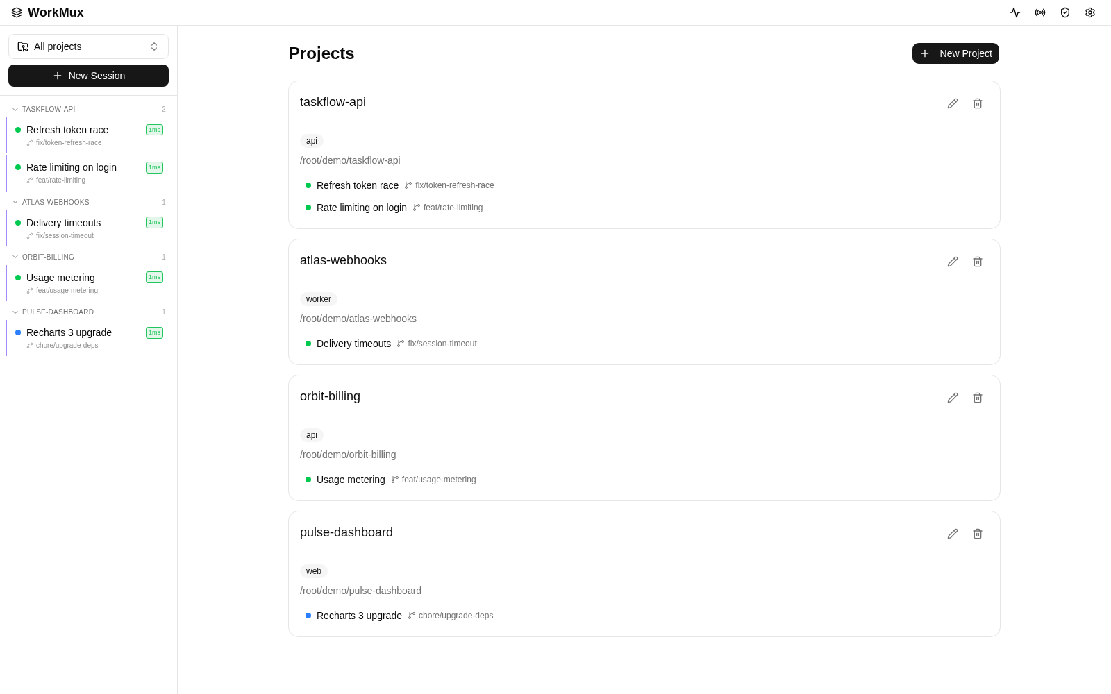 WorkMux projects dashboard with a live session in the sidebar