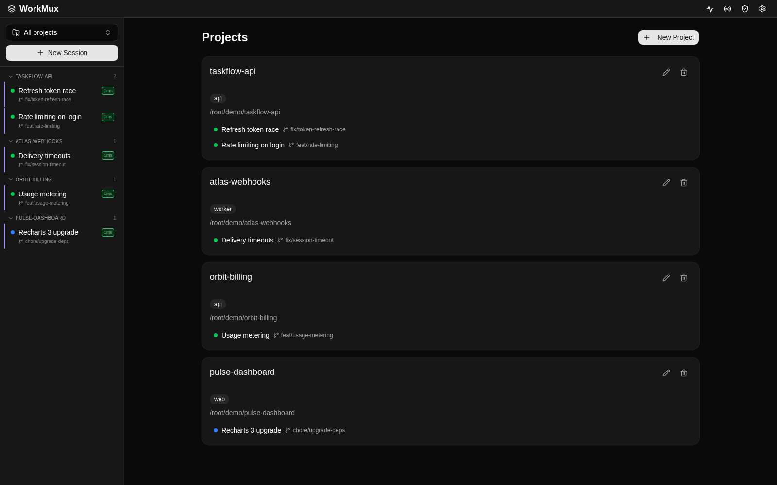 WorkMux projects dashboard with a live session in the sidebar