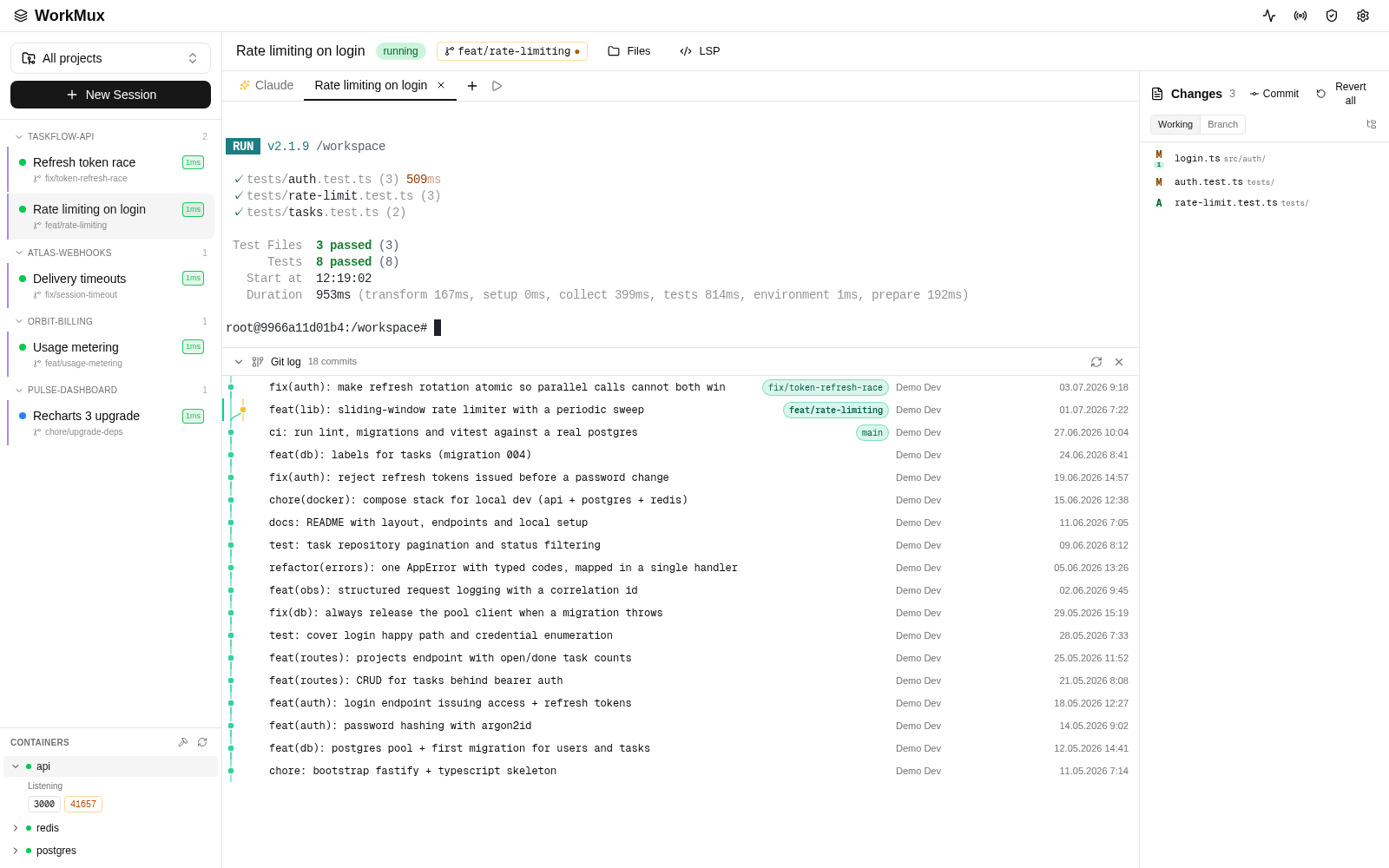 A WorkMux session workspace — terminal, branch toolbar and Changes panel