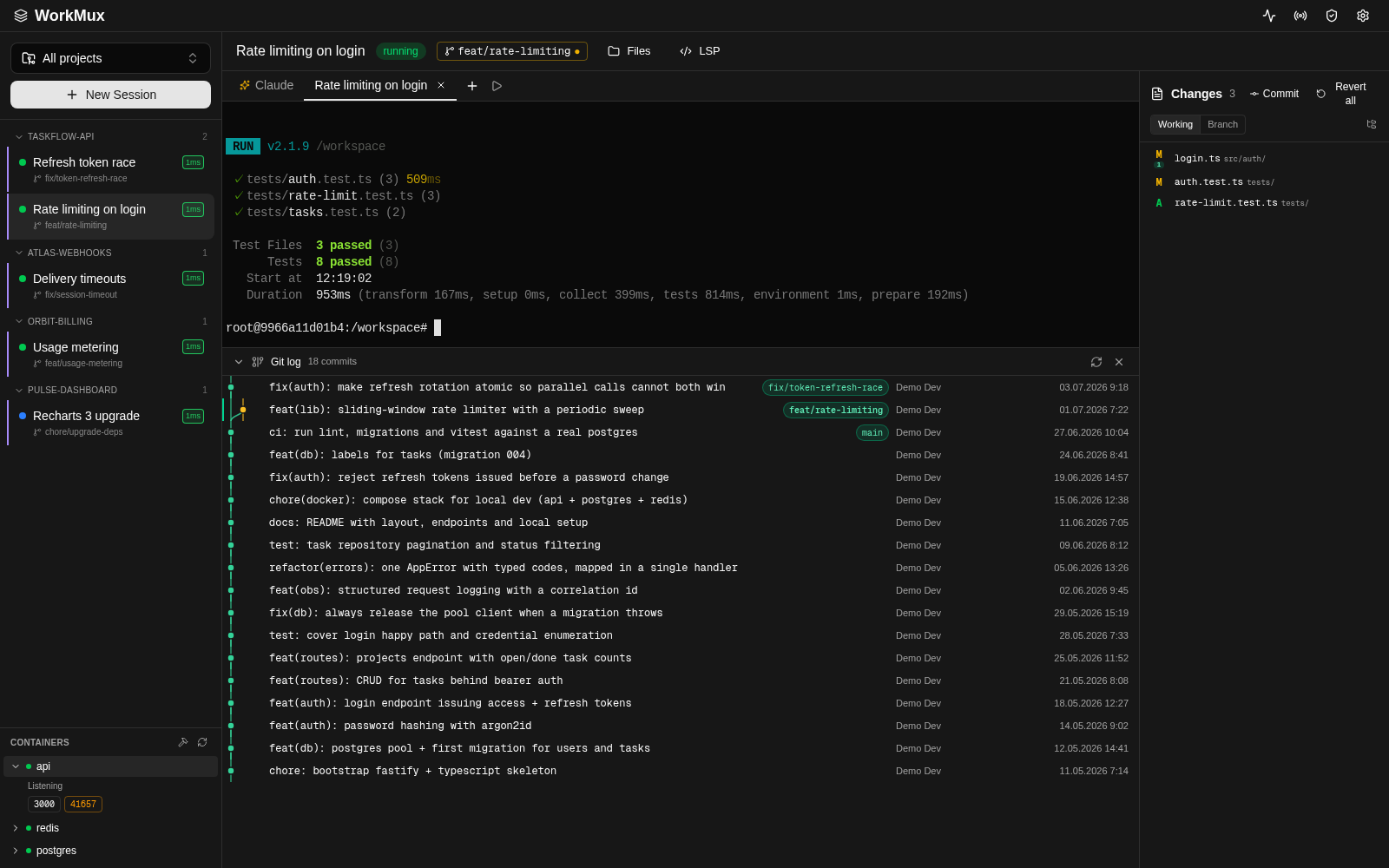 A WorkMux session workspace — terminal, branch toolbar and Changes panel